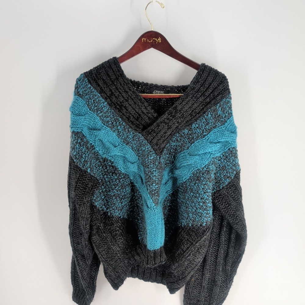 Vintage Street Scenes Cable Knit V-Neck‎ Pullover Sweater Multicolor Size L